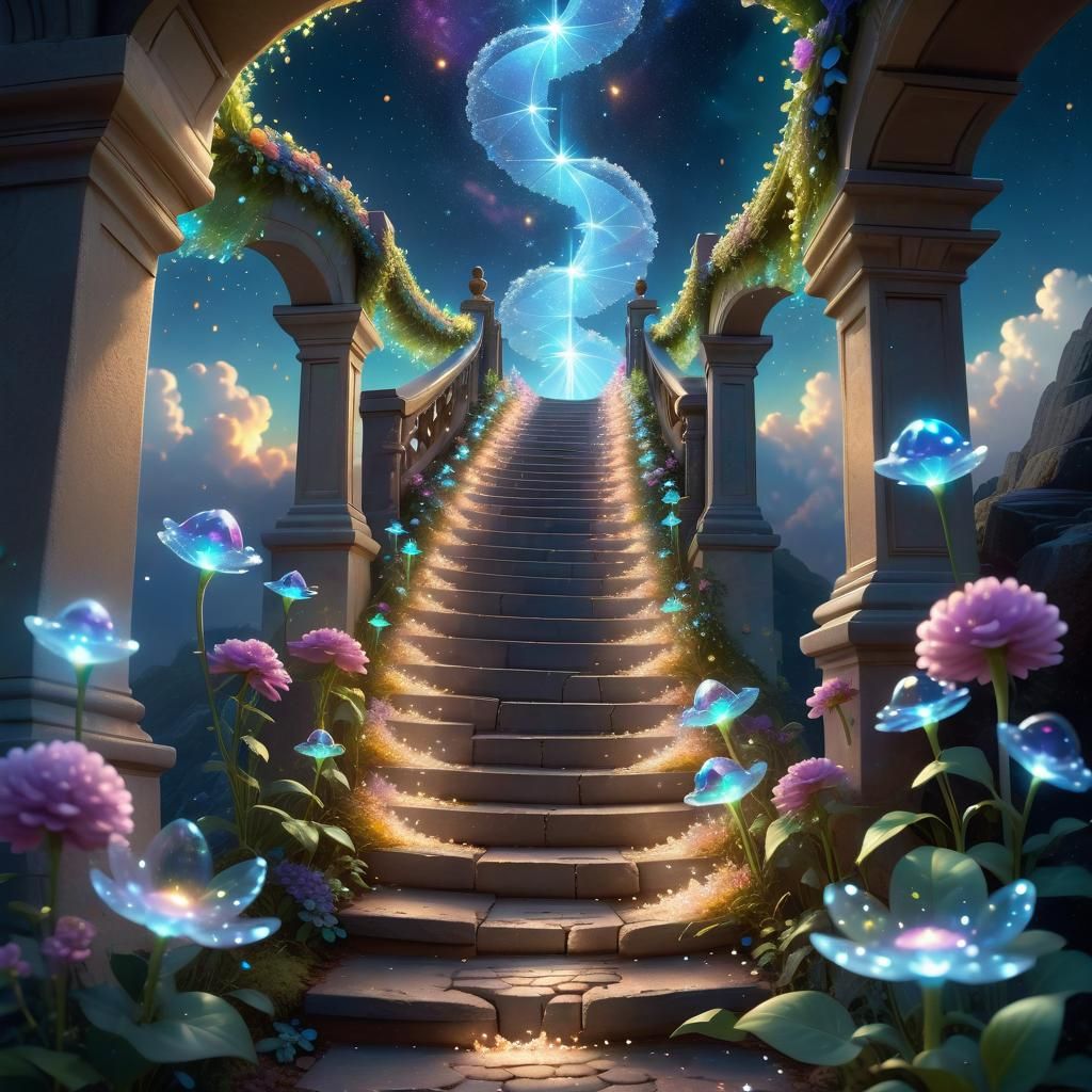 Celestial Stairway to Heaven: Pixar-Style Fantasy Realm