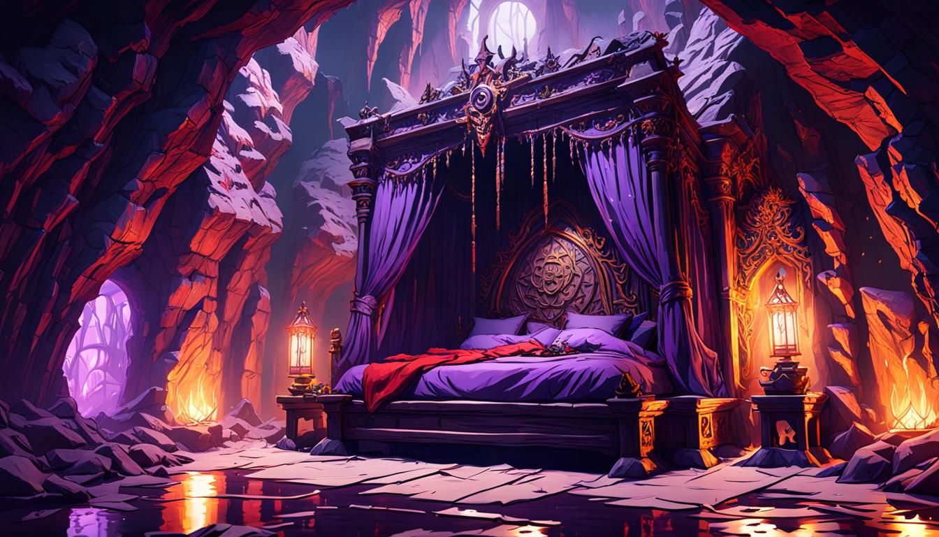 Red Vampire in Cave Bedroom: Dark Fantasy Concept Art