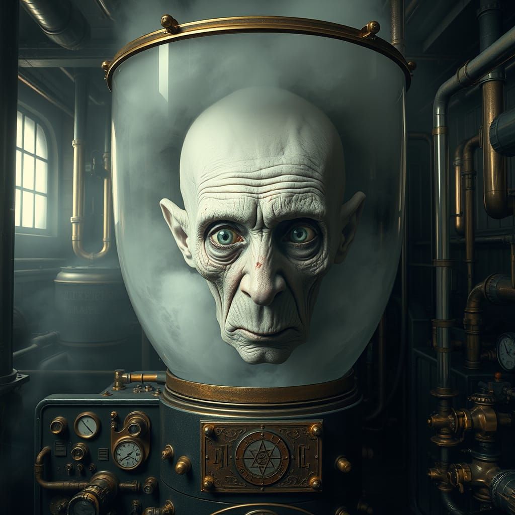 A Decrepit Elderly Man's Head in a Glass Tank, Shrouded in G...