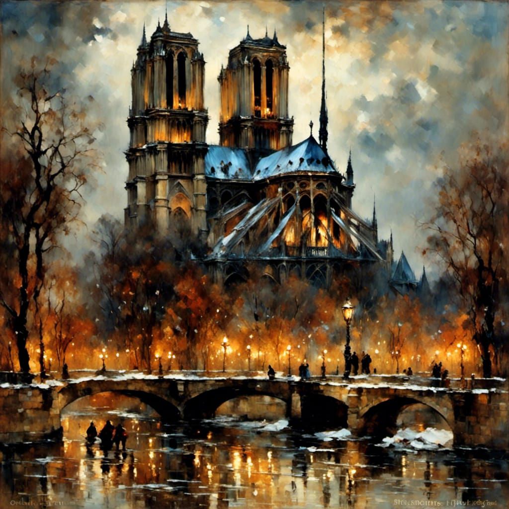 Notre Dame in Winter: Impasto Chiaroscuro Painting