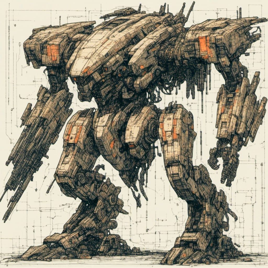 Watercolour Line Art of Sleek Organic Mecha Diagram