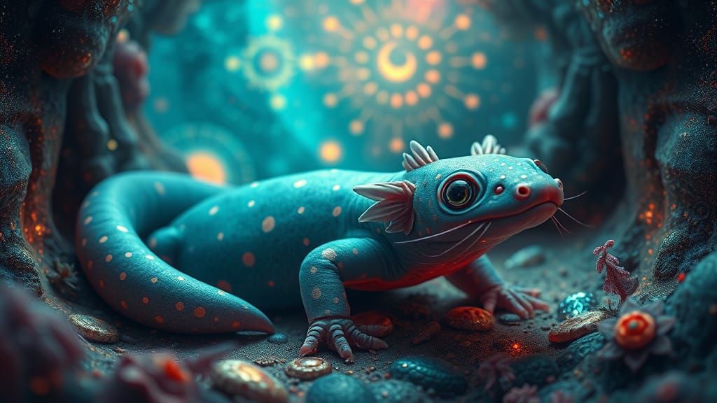 Ethereal Axolotl Amidst Cosmic Surrealism