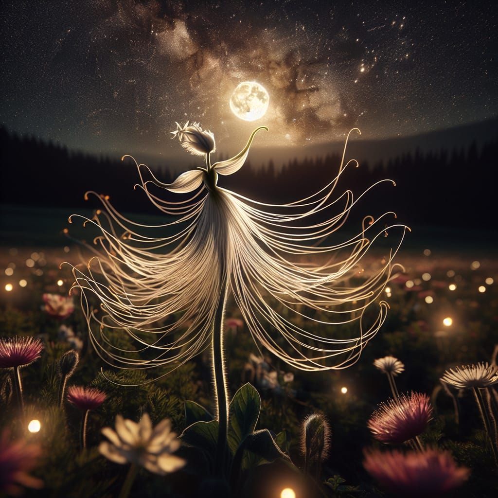 Dancing Flower Woman in Moonlit Field
