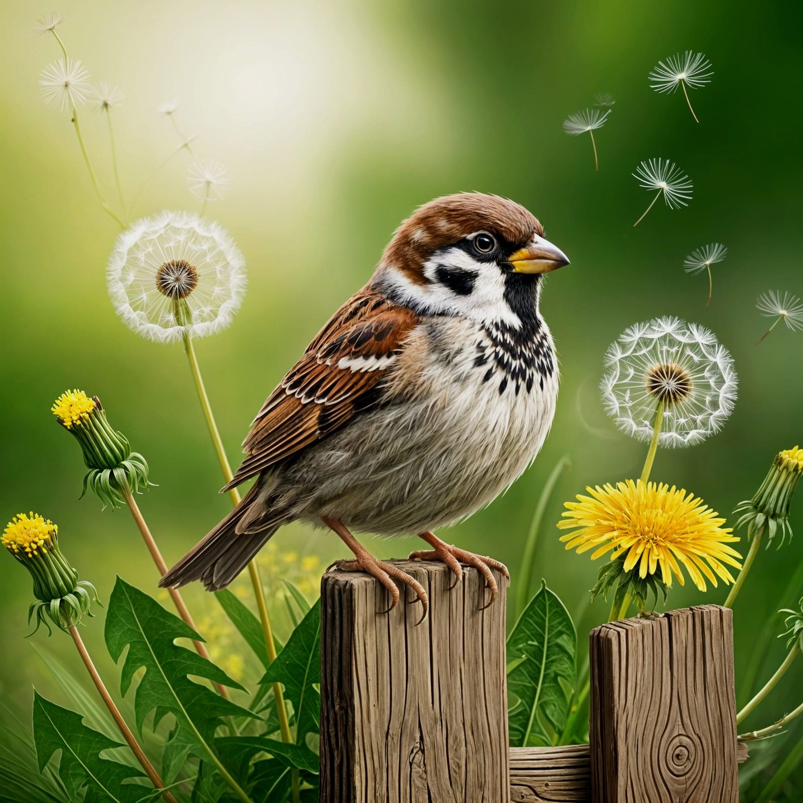 a cute sparrow, dandelions, fence, wood,backgroung green gar...