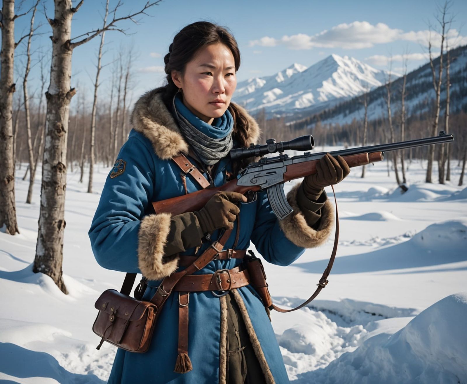 Siberian Huntress in Winter Landscape