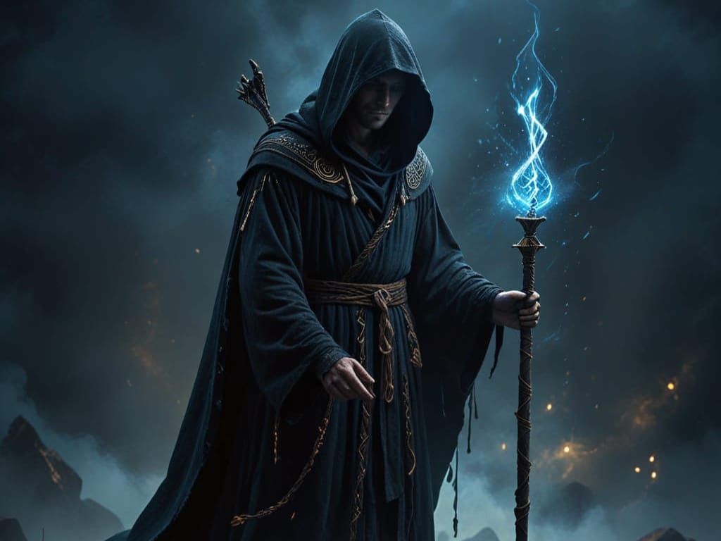 Mystical Spirit in Black Robe with Magic Staff