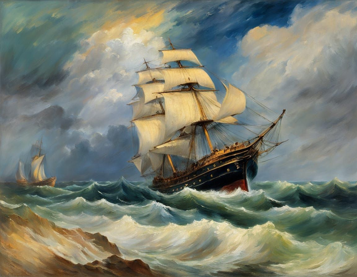 Dramatic High-Angle View of an Old Ship Tossed by Turbulent...