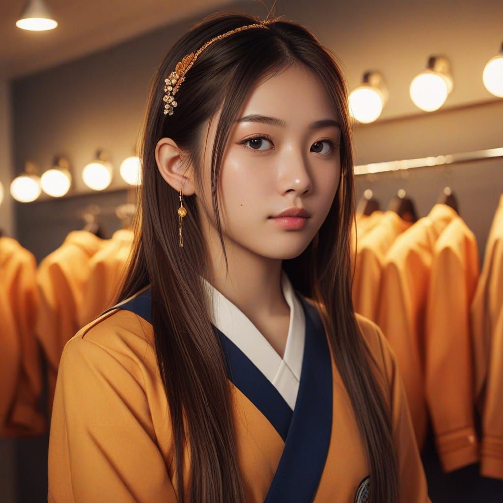 Ethereal Japanese Girl in Amber Uniform, Studio Ghibli Style