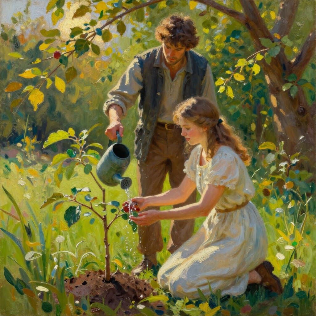 Adam and Eva Tend to Apple Sapling in Golden Hour Light