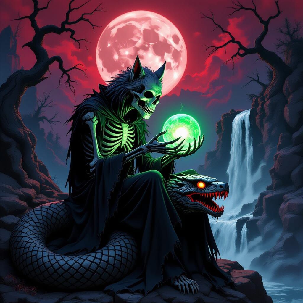 Skeletal Werewolf with Glowing Orb on Serpent Throne