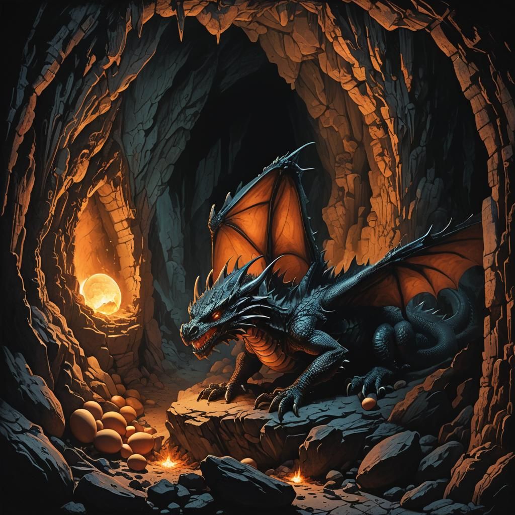 Dragon Lays Egg in Dark Cave: Fantasy Art