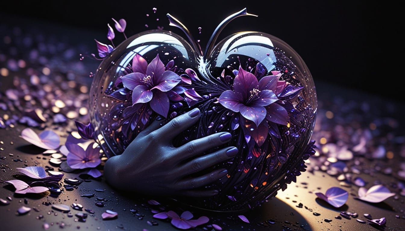 Realistically Crushed Hand as Purple Heart in Surreal Scene