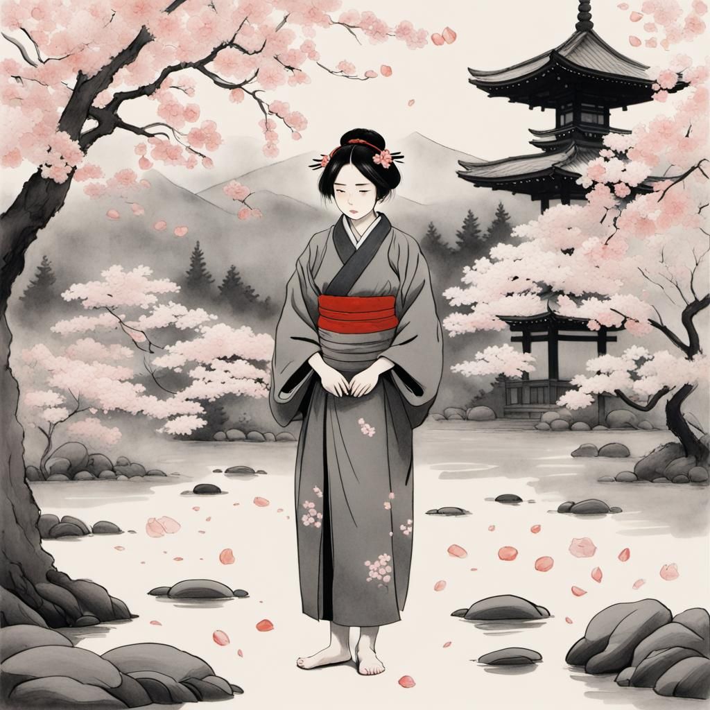 Dejected Figure in Garden: Ukiyo-e Charcoal Drawing