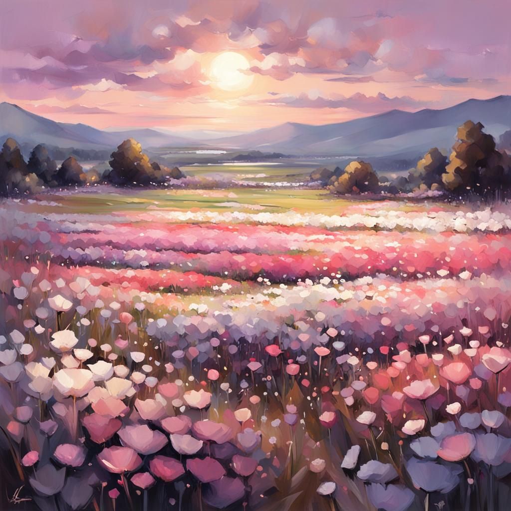 "panoramic detailed view of beautiful Flower Fields on dusk!...
