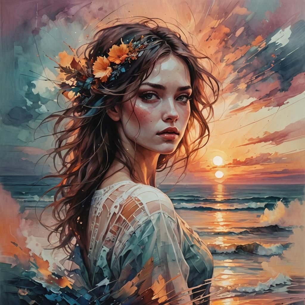 Sunset Over Ocean: Acid Ink Illustration