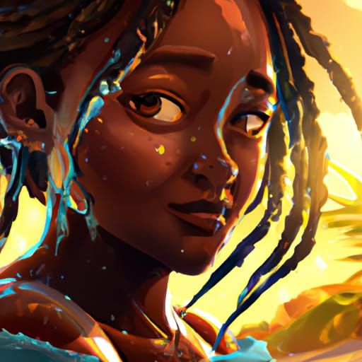 Black Woman: Sad, Happy, Pixar-Style Beach Portrait