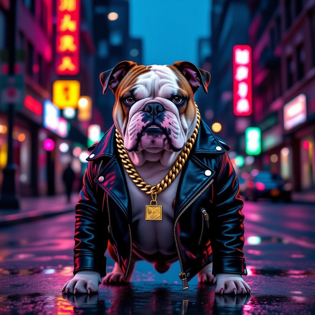 Tough Bulldog in Leather Jacket on City Street