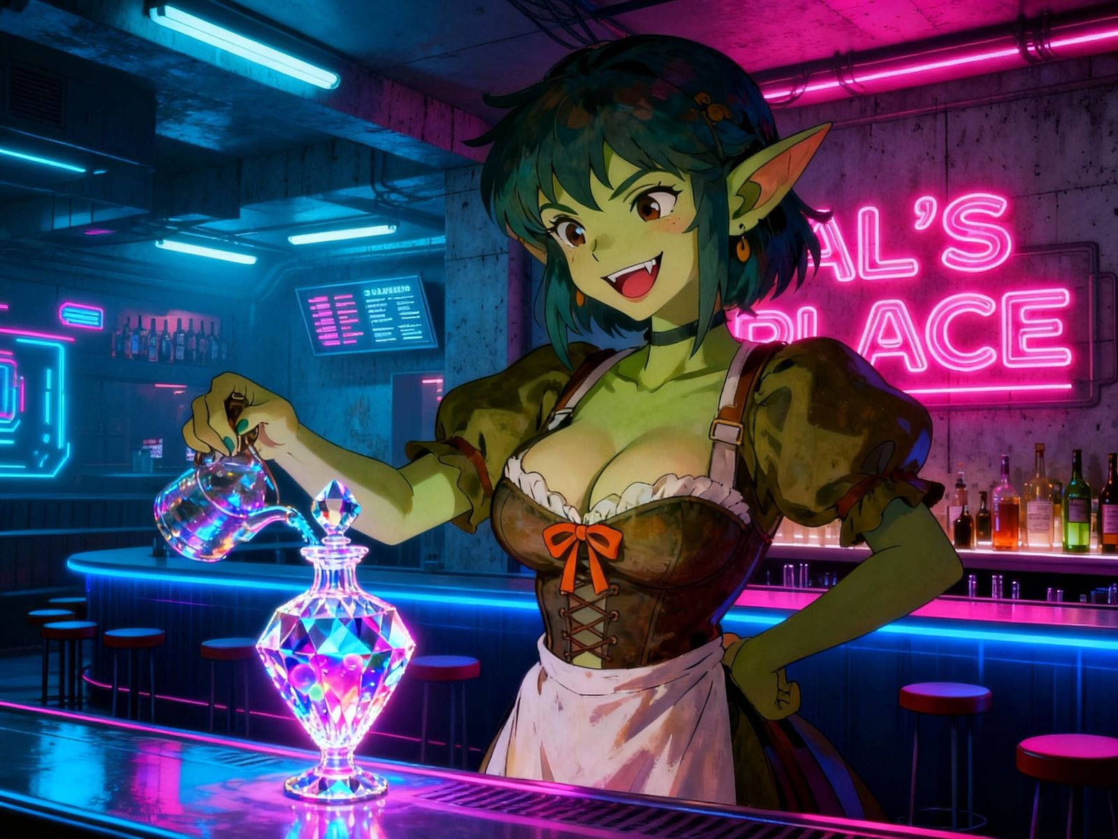 Cyberpunk Goblin Bartender Pours Glowing Drink