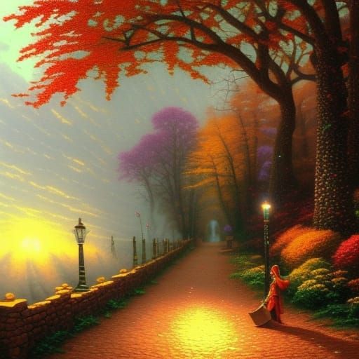 Ethereal Autumn Road Scene with Demon Flute Player