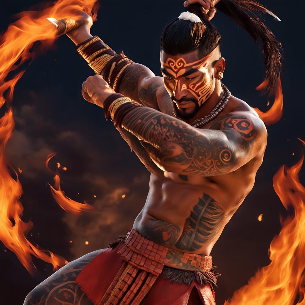 Polynesian Fire Knife Dancer Under Moonlight