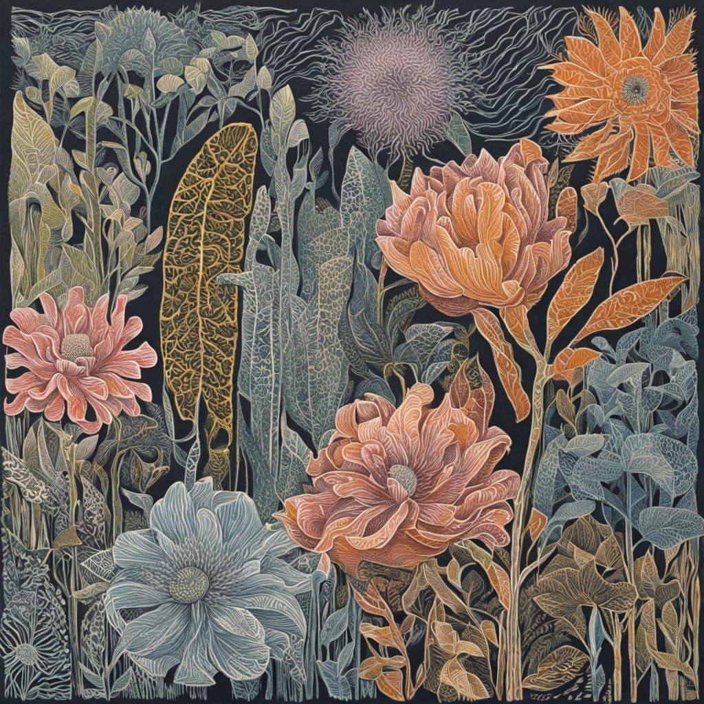 Detailed Hand-Colored Linoprint in Triadic Colors