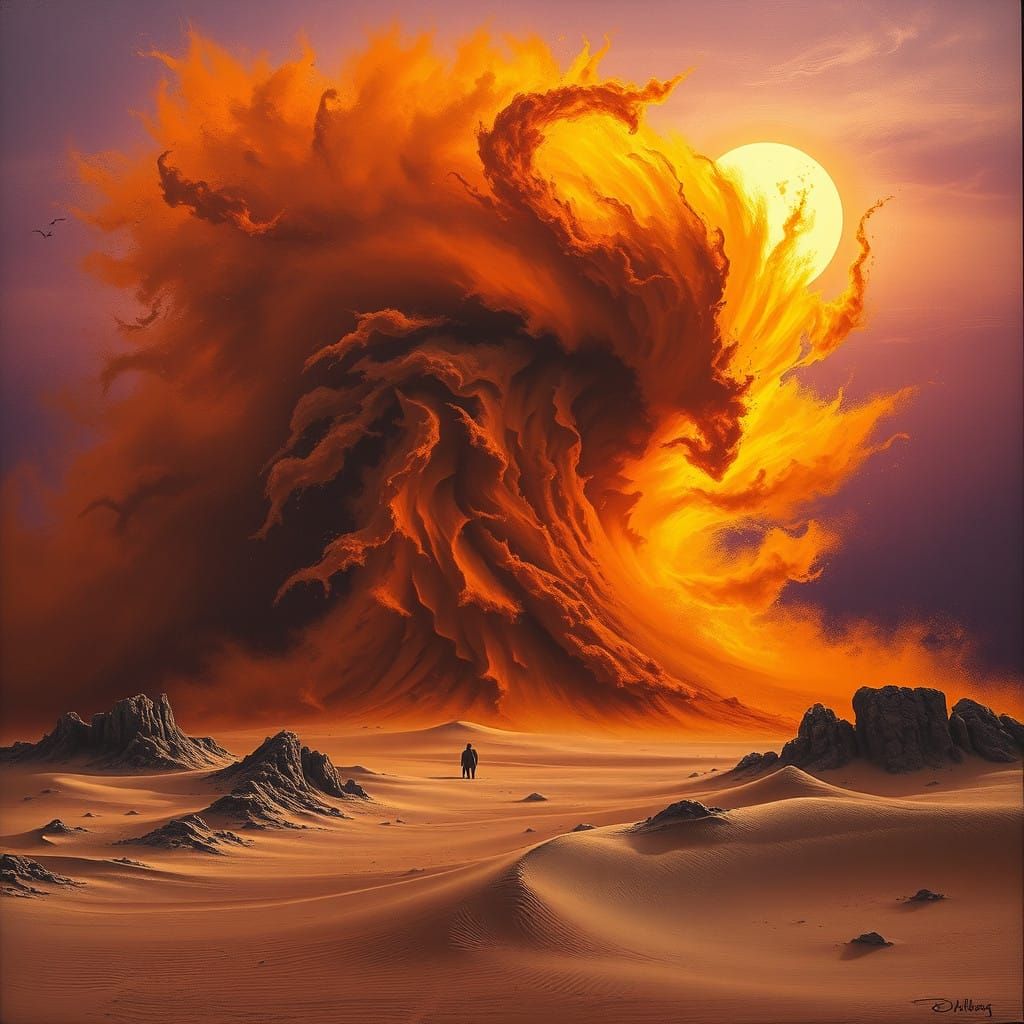 A swirling vortex of ochre sand, a furious, textured beast against a bruised purple twilight sky. Jagged light lances th...