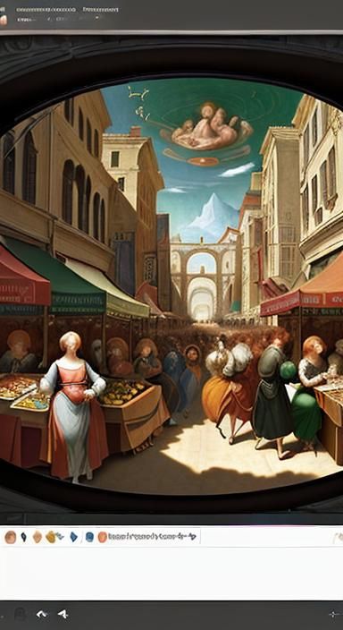 Create an immersive, omnidirectional artwork in the style of a classical Renaissance fresco. The viewer should feel surr...
