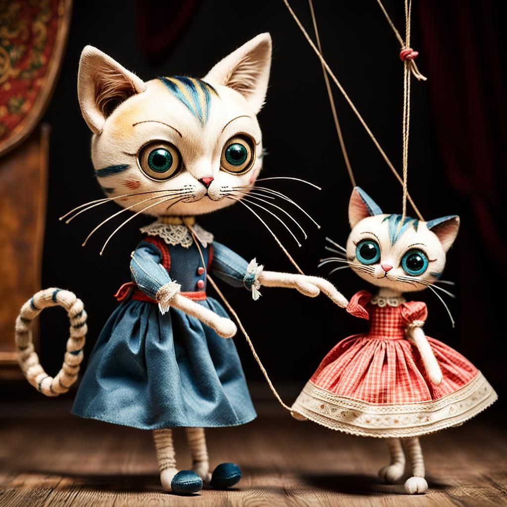 Antique Toy Cat Marionette Pulled by Youth