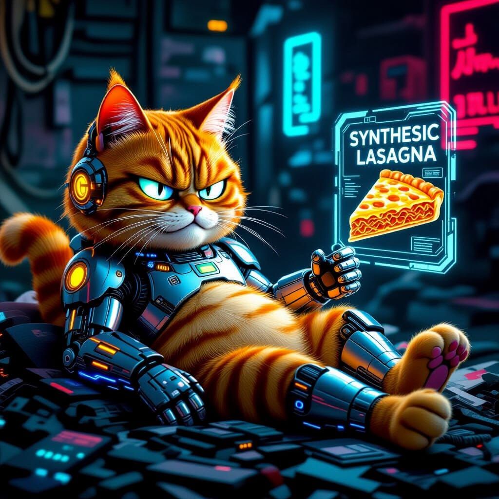 Cyberpunk Garfield with Robotic Enhancements