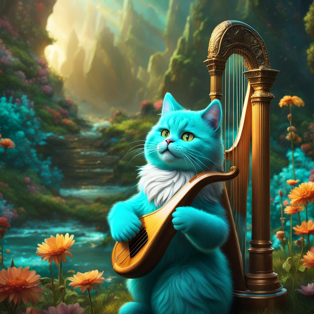 Turquoise Cat Plays Harp in Colorful Fantasy Art