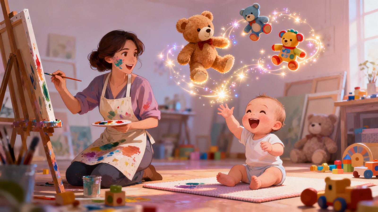 Whimsical Art Room Scene with Floating Toys and Mum Painting