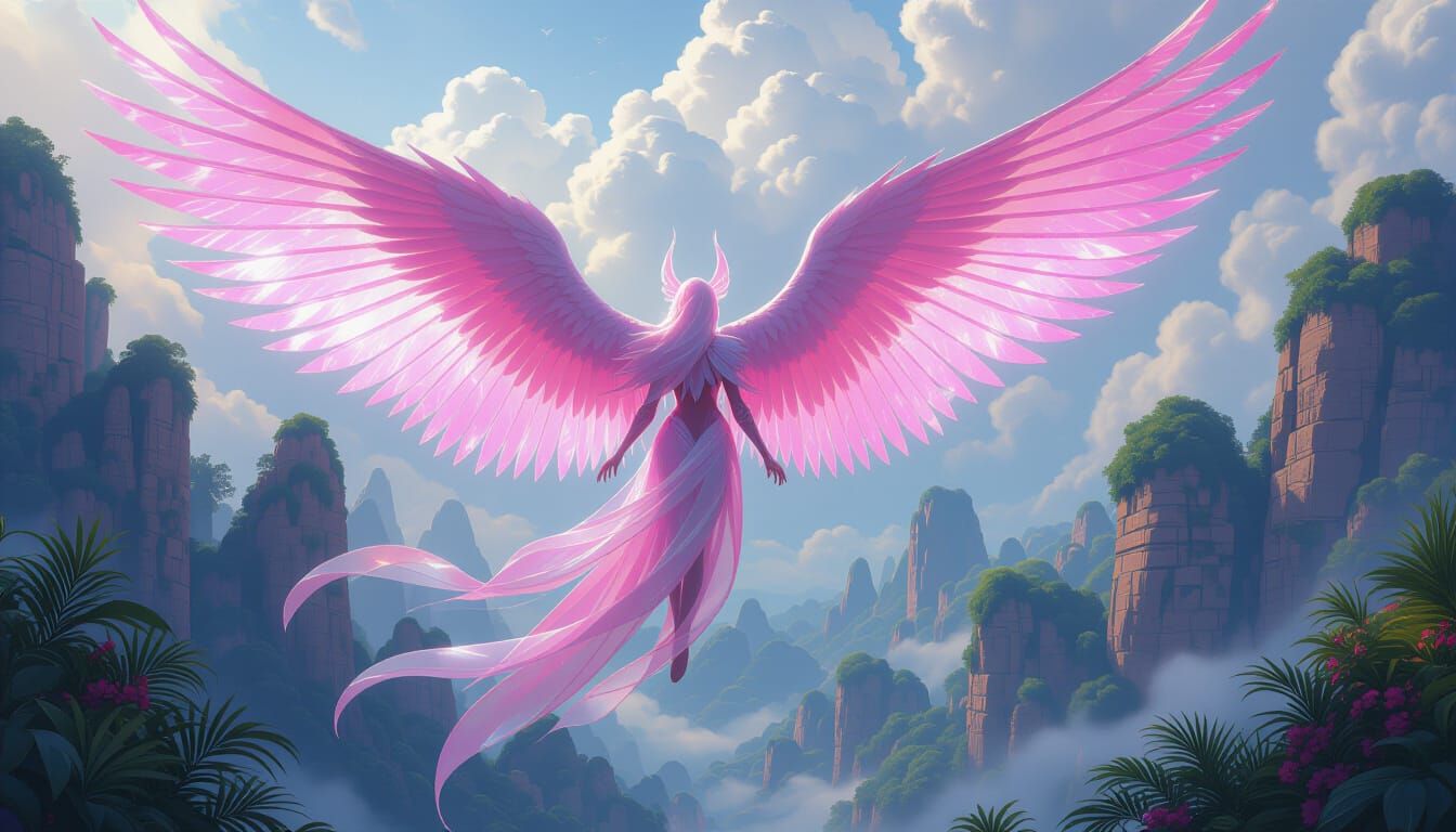 Pink Winged Creature Soaring in Paradise