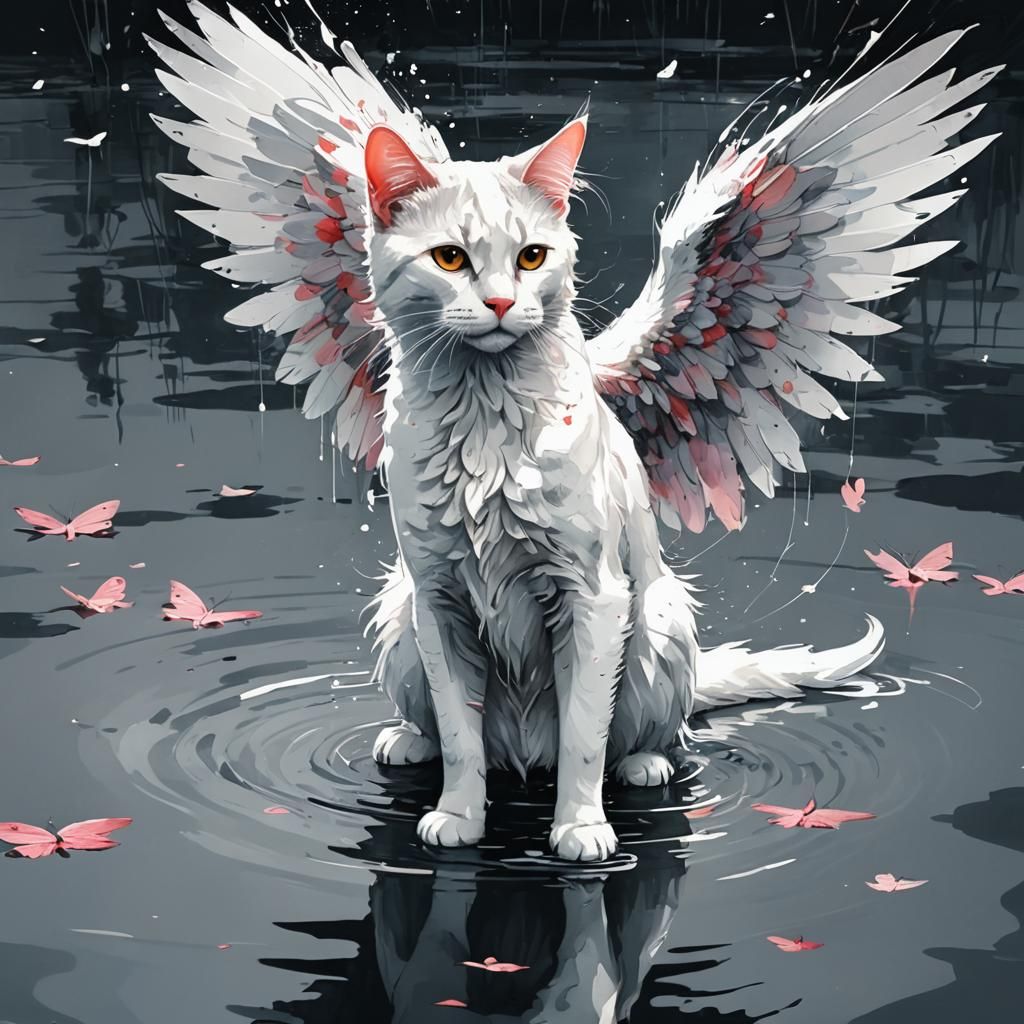 Winged White Cat Reflecting, Watercolor Splash Art