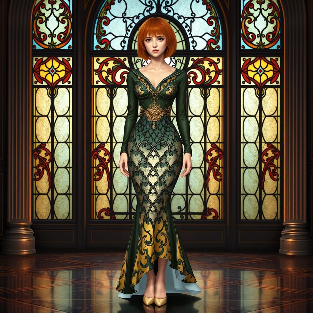 Woman in Art Nouveau Stained Glass Dress