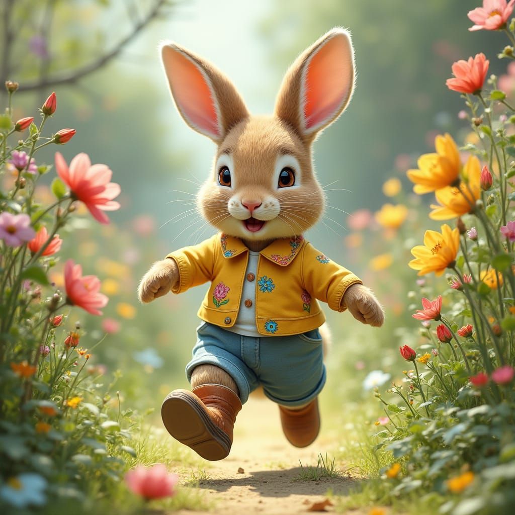 Whimsical Rabbit's Joyful Run Through Floral Garden