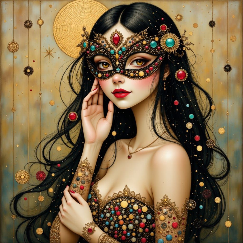 Ethereal Woman in Opulent Masquerade Attire