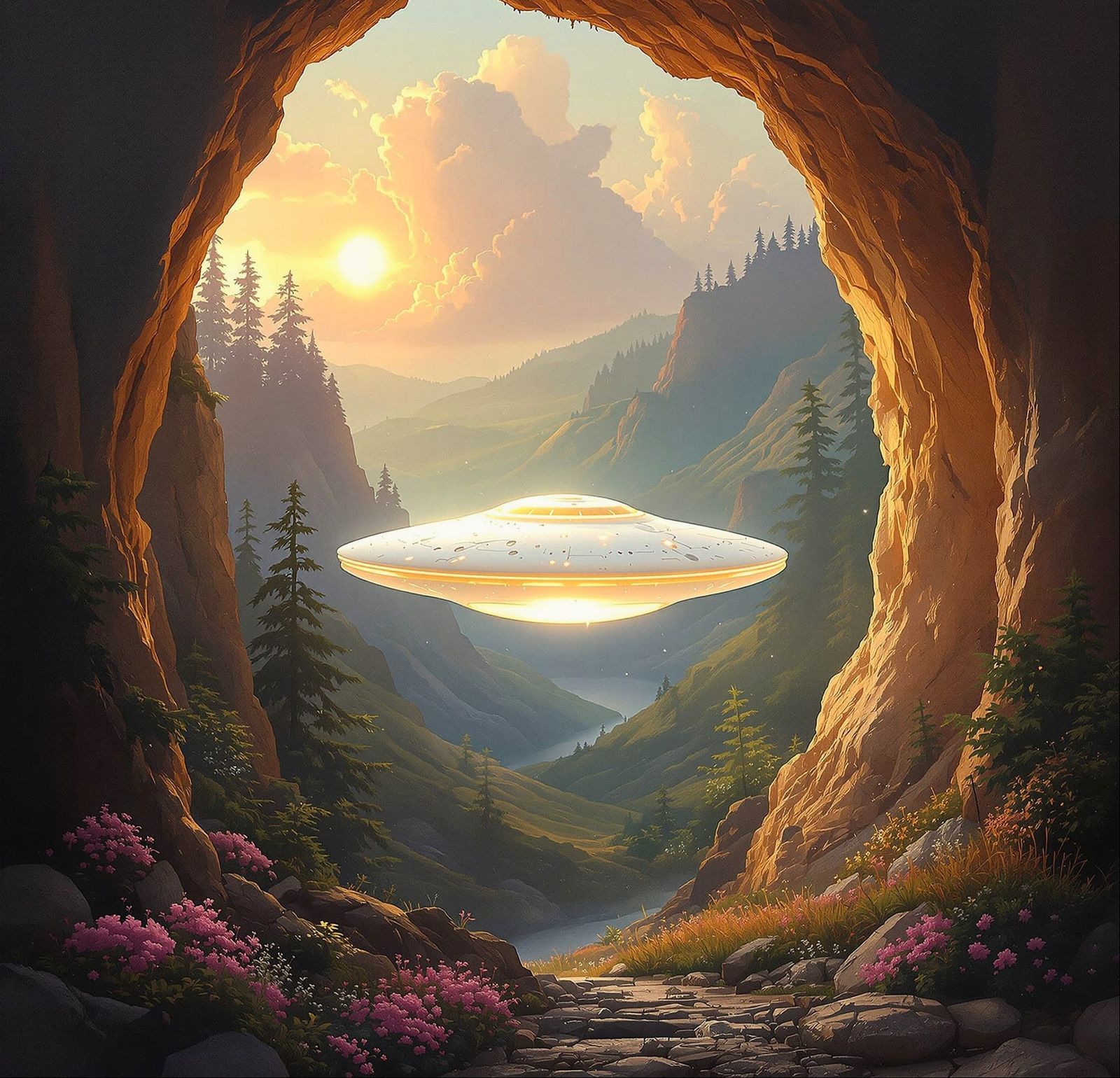 Golden Spaceship Emerges in Oil Painting Style