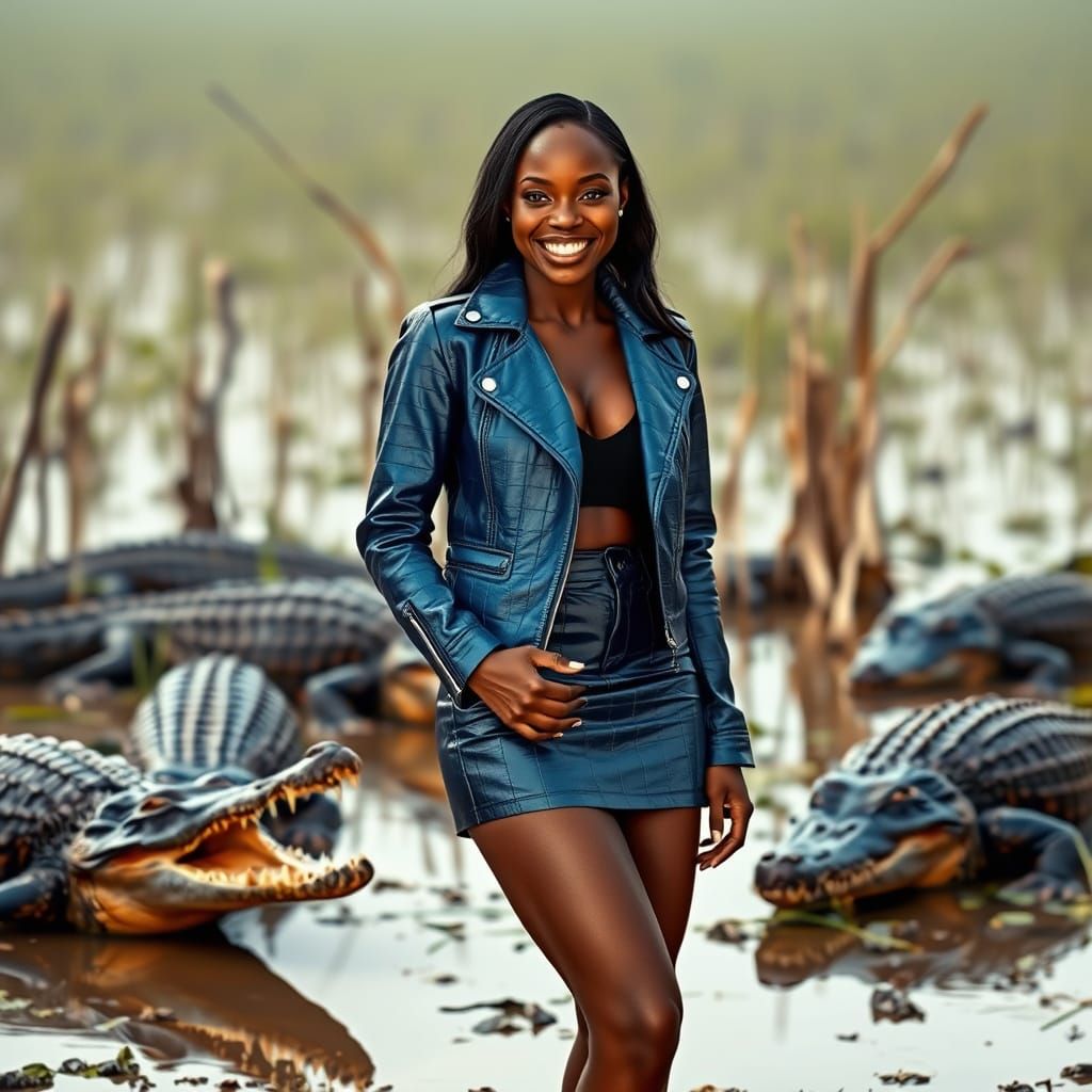 Dark Skinned Woman in Crocodile Leather Jacket and Mini Skir...