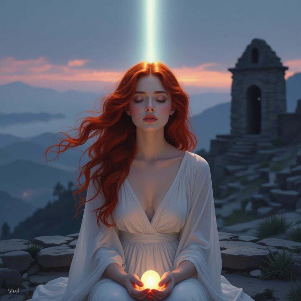Red-Haired Oracle in Celestial Light Above Ruins