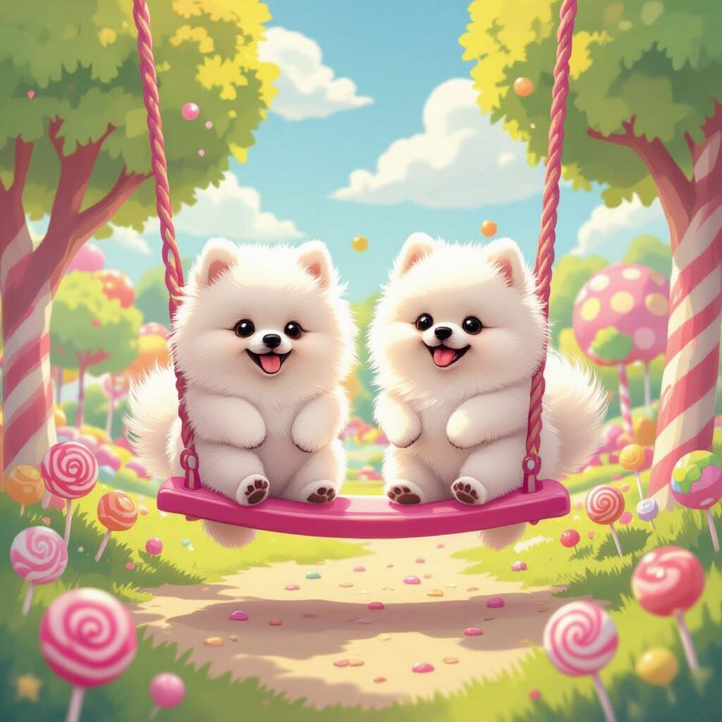 Pomeranians on Pink Swing in Candy Land Playground