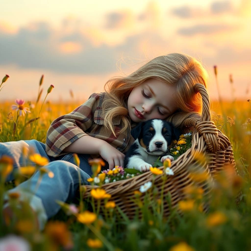 Ethereal Sunset Scene with Sleeping Girl and Wildflowers