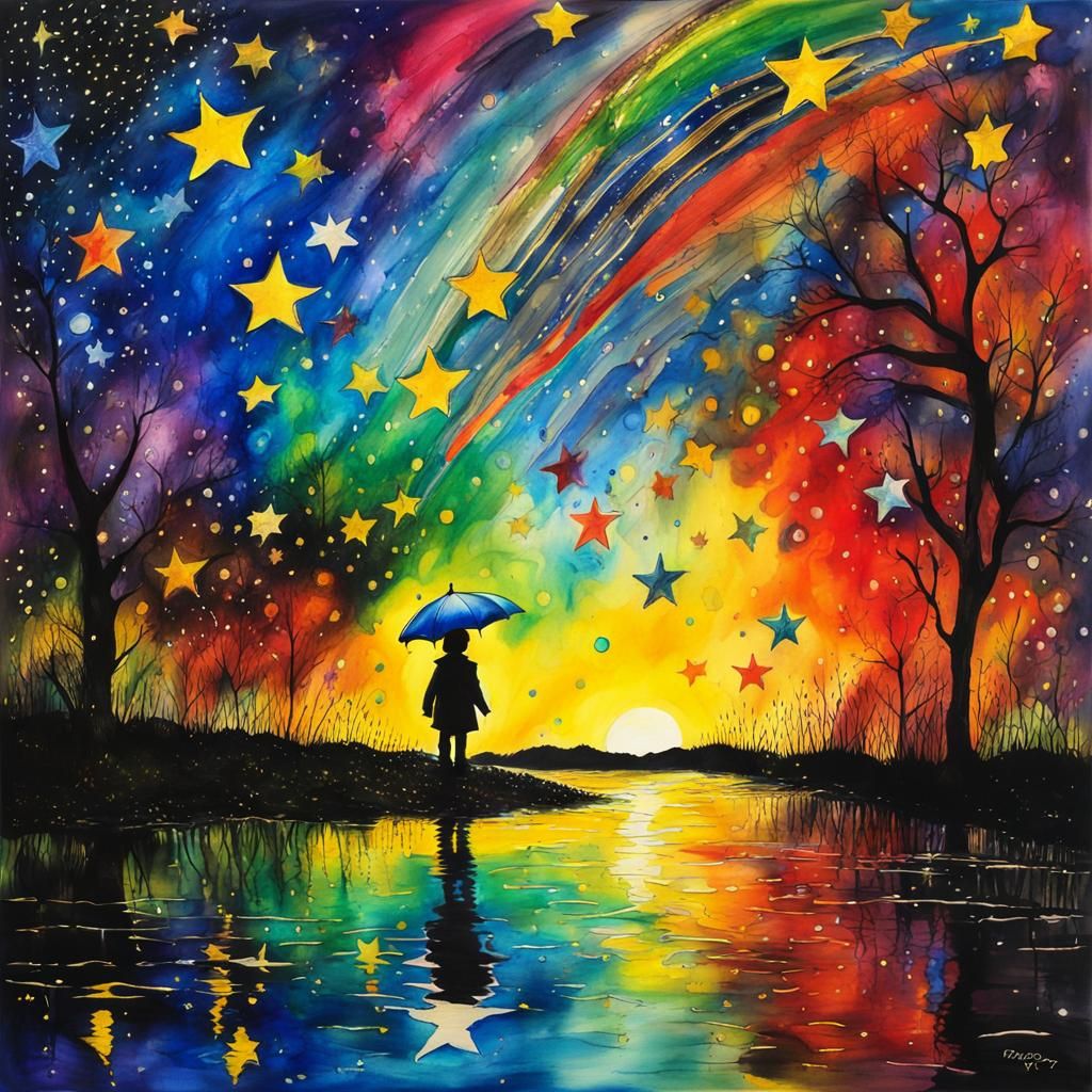 Raining Stars: Surreal Watercolor and Ink Dreamscape