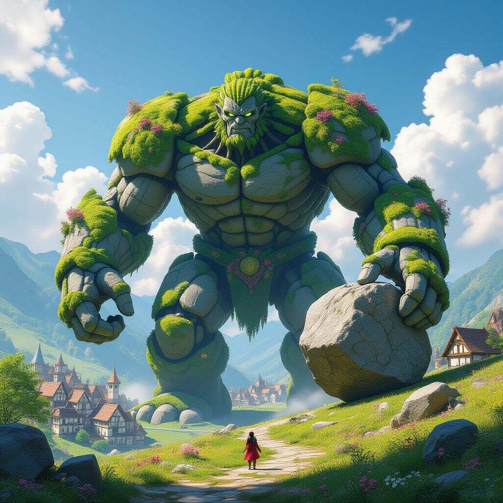 Colossal Stone Golem Protects Village