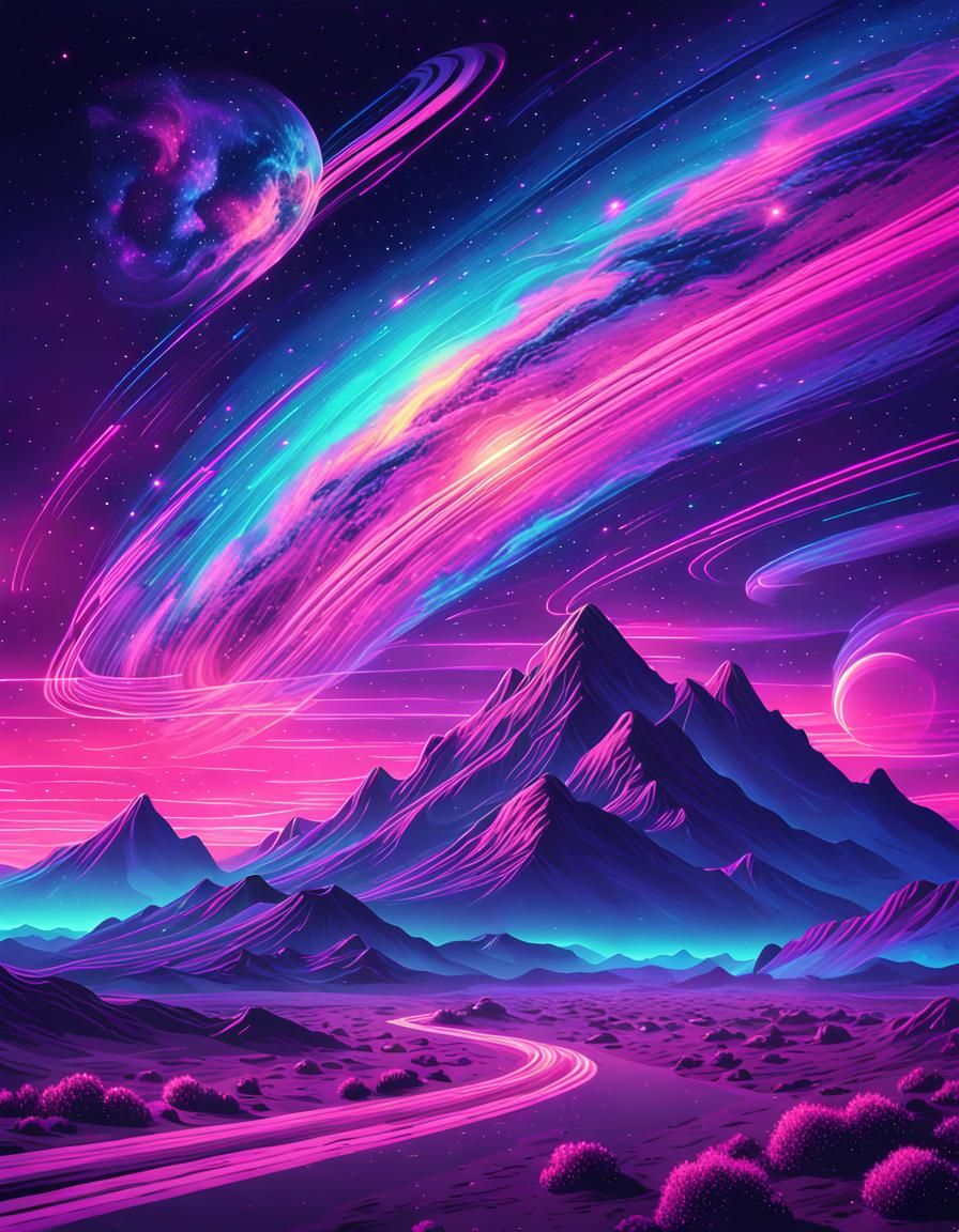 Synthwave Cosmic Landscape with Neon Stardust Trails