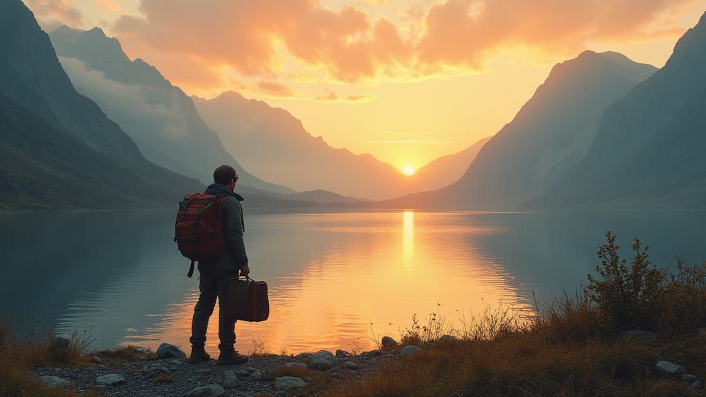 Lone Traveler at Mountain Lake Sunrise