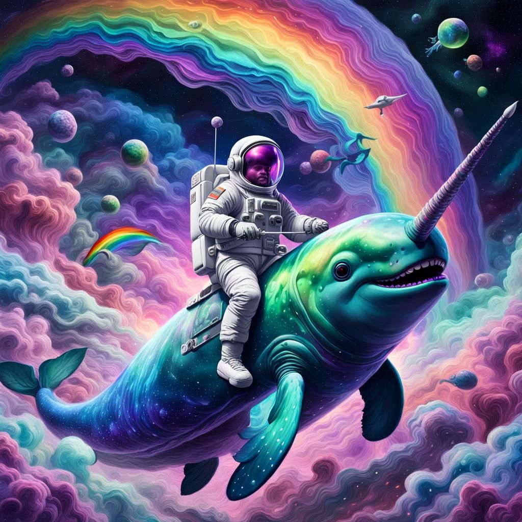 Astronaut on Rainbow Narwhal in Nebula