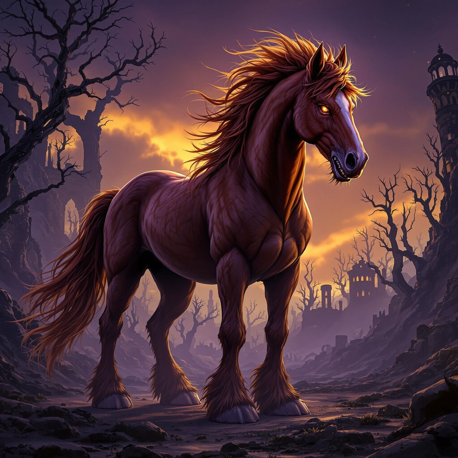 Dark Fantasy Clydesdale Demon Steed in a Haunting Wasteland