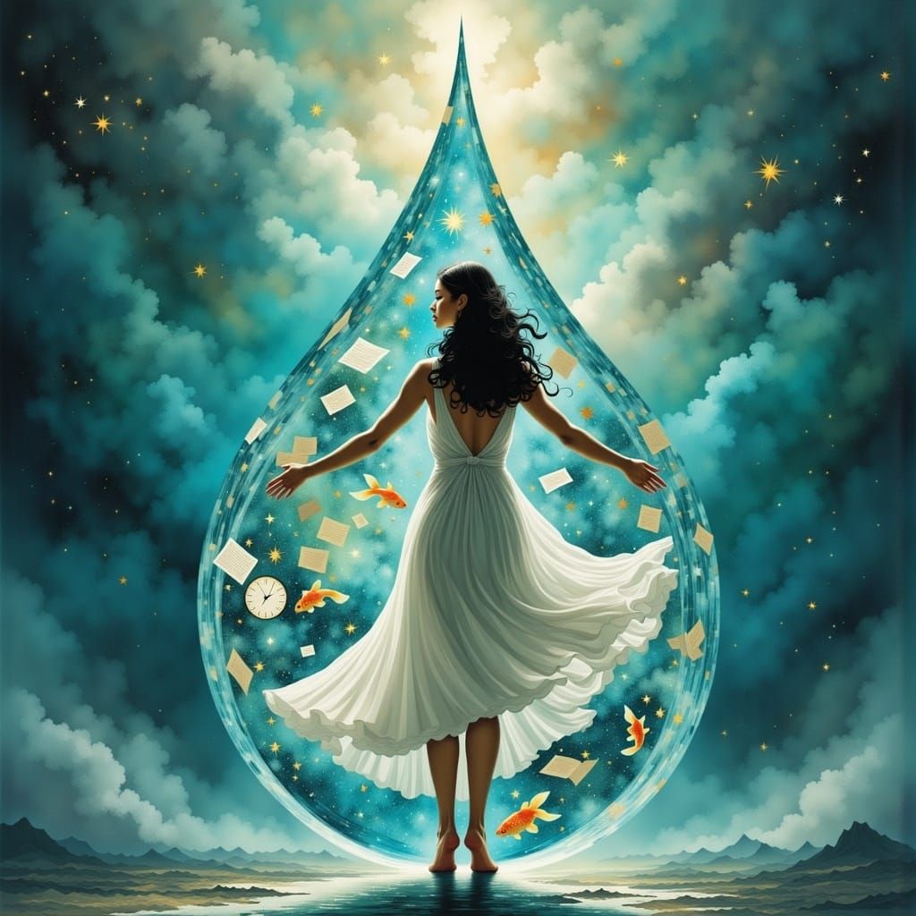 Surreal Woman Embraces Water Droplet of Memories