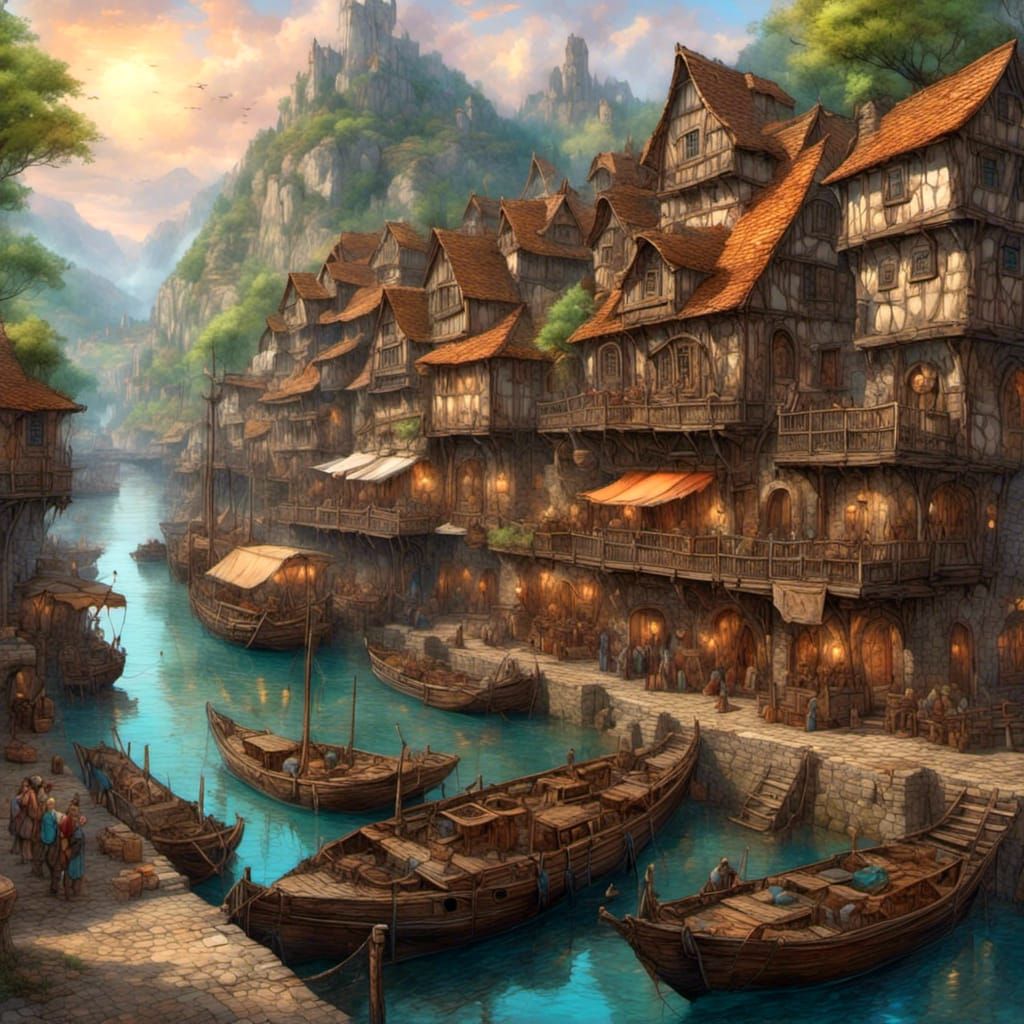 Bustling Fantasy City Dock on the River