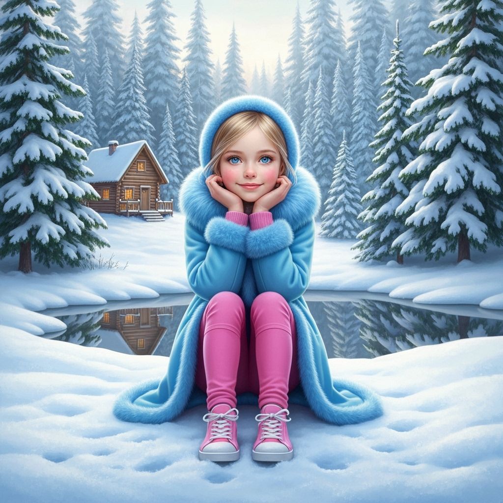 Child in Snowy Forest with Cabin and Frozen Pond